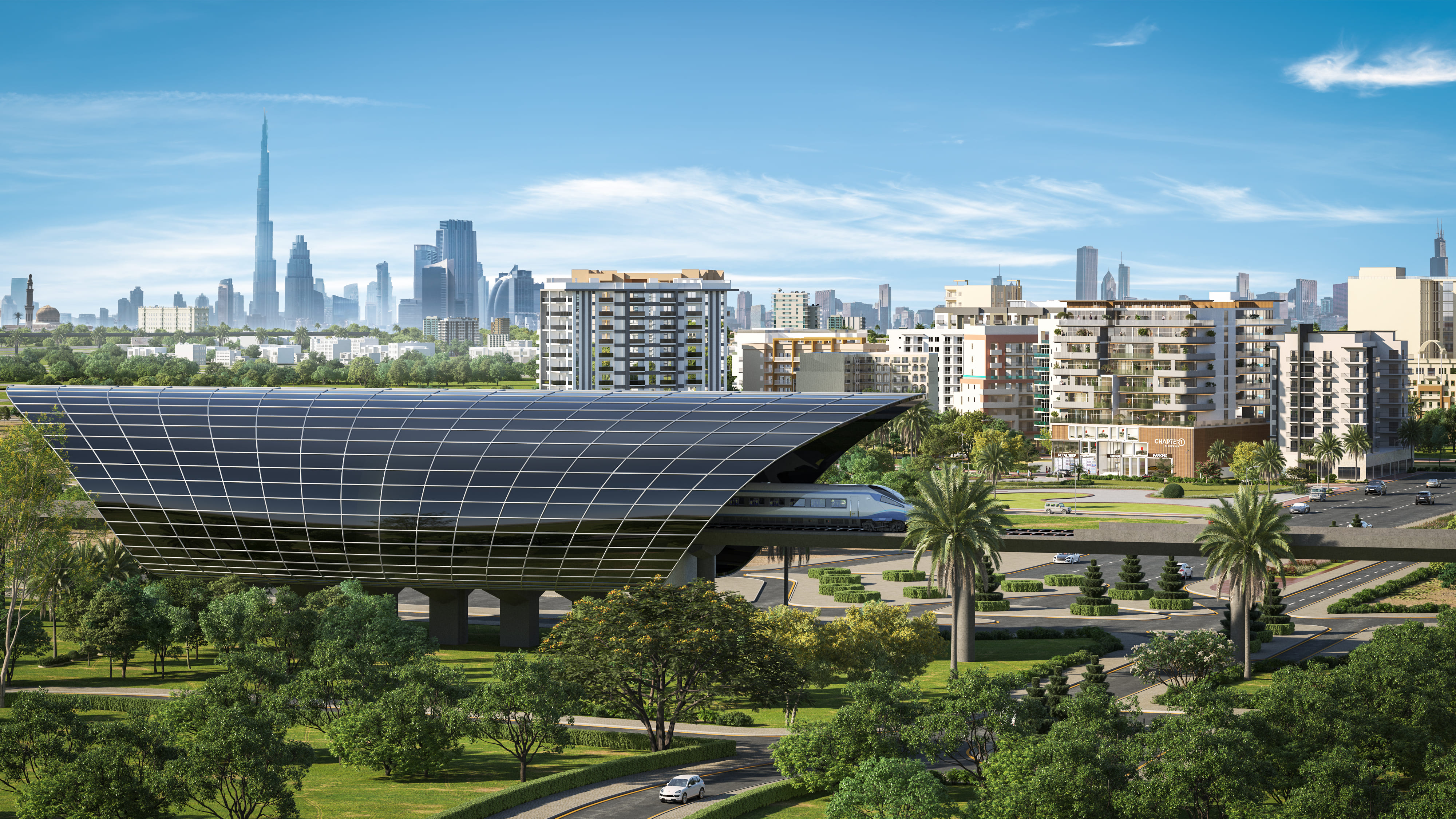 Newbury Developments - Modern residential building with futuristic metro and city skyline view